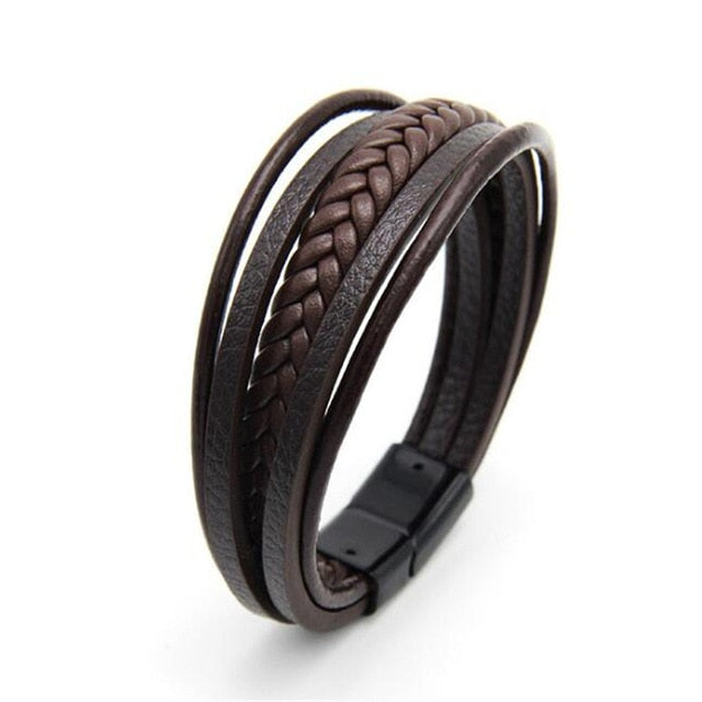 Trendy Genuine Leather Bracelets Men Stainless Steel Multilayer Braided Rope Bracelets for Male