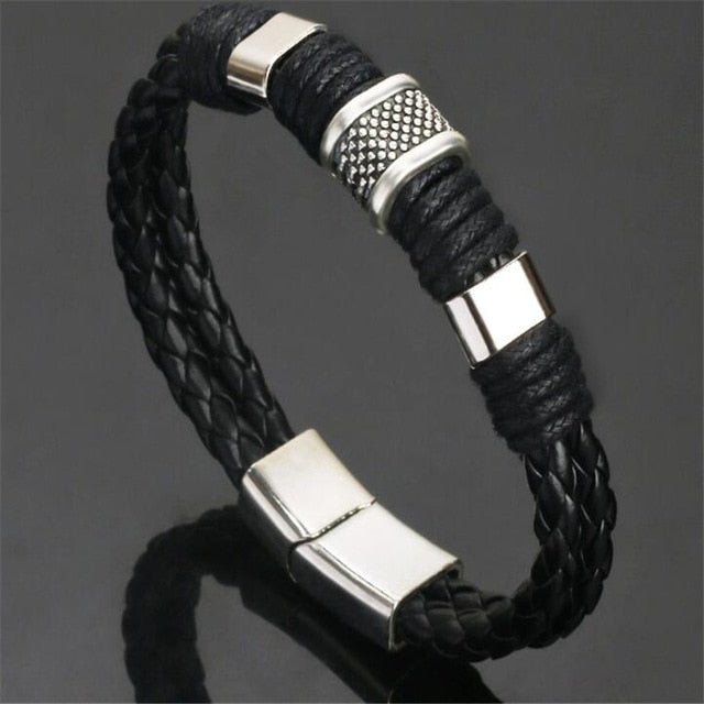 Trendy Genuine Leather Bracelets Men Stainless Steel Multilayer Braided Rope Bracelets for Male