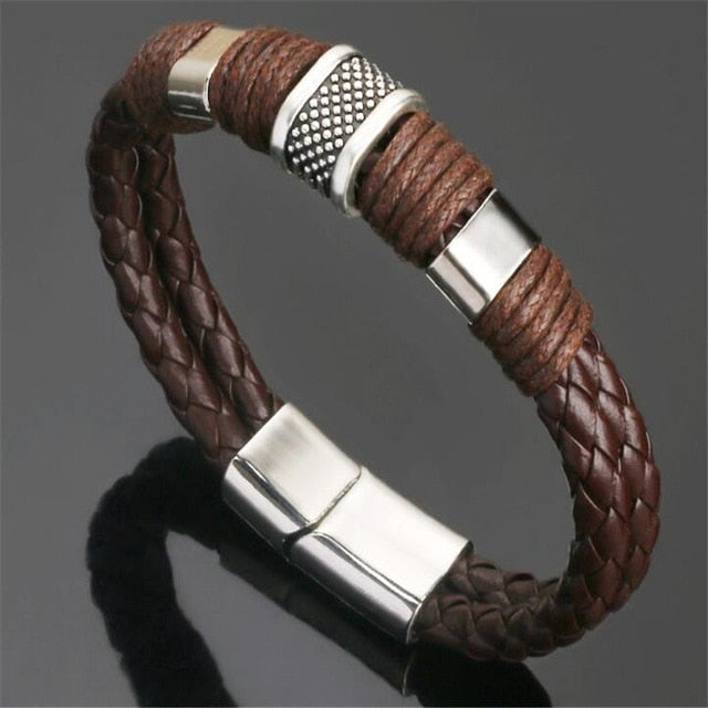 Trendy Genuine Leather Bracelets Men Stainless Steel Multilayer Braided Rope Bracelets for Male