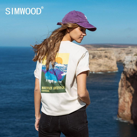 SIMWOOD 2020 pattern print 100% cotton t-shirt women loose oversize tops fashion female plus size tees SJ120109