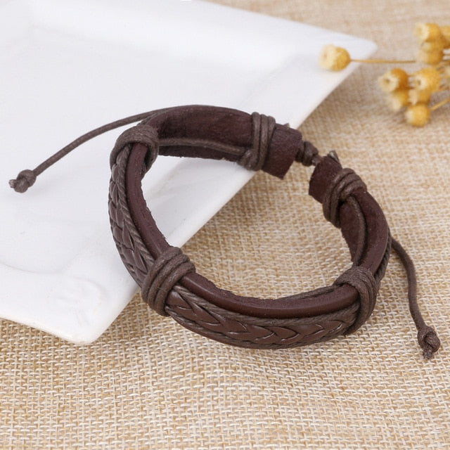 Trendy Genuine Leather Bracelets Men Stainless Steel Multilayer Braided Rope Bracelets for Male