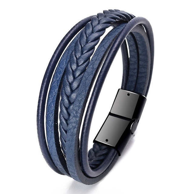 Trendy Genuine Leather Bracelets Men Stainless Steel Multilayer Braided Rope Bracelets for Male