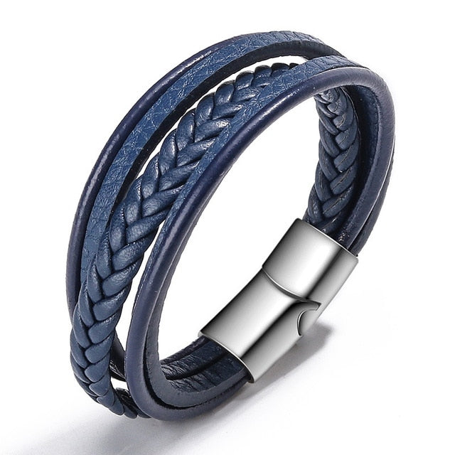 Trendy Genuine Leather Bracelets Men Stainless Steel Multilayer Braided Rope Bracelets for Male