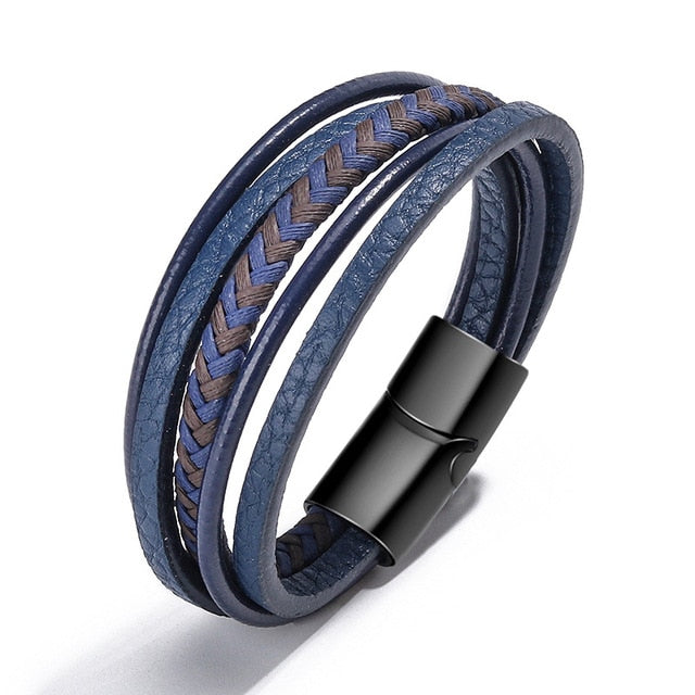 Trendy Genuine Leather Bracelets Men Stainless Steel Multilayer Braided Rope Bracelets for Male