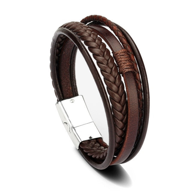 Trendy Genuine Leather Bracelets Men Stainless Steel Multilayer Braided Rope Bracelets for Male