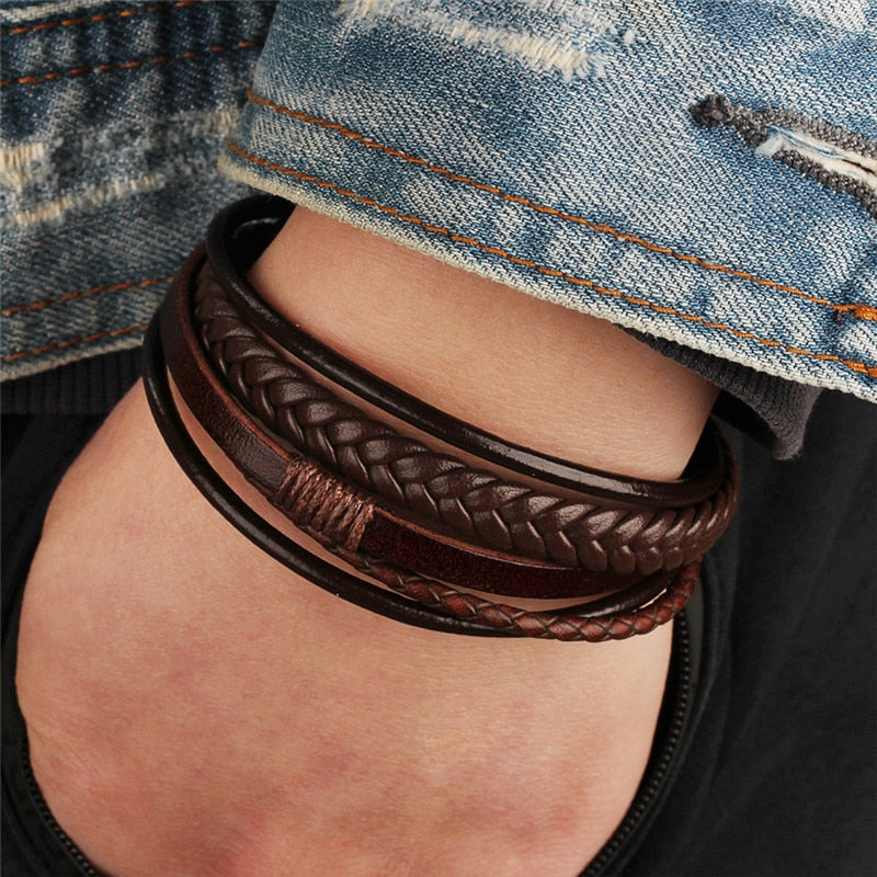 Trendy Genuine Leather Bracelets Men Stainless Steel Multilayer Braided Rope Bracelets for Male