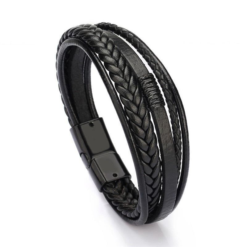 Trendy Genuine Leather Bracelets Men Stainless Steel Multilayer Braided Rope Bracelets for Male