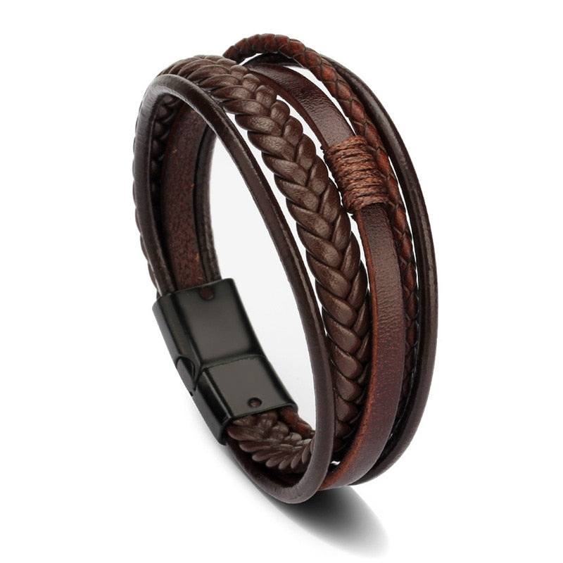 Trendy Genuine Leather Bracelets Men Stainless Steel Multilayer Braided Rope Bracelets for Male