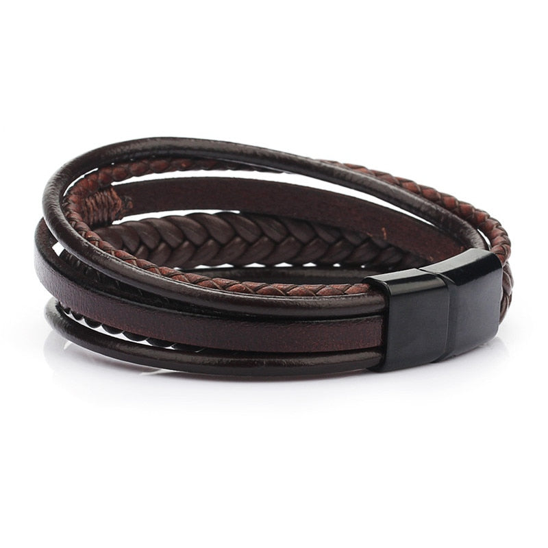 Trendy Genuine Leather Bracelets Men Stainless Steel Multilayer Braided Rope Bracelets for Male