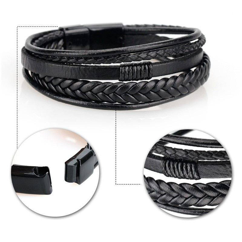 Trendy Genuine Leather Bracelets Men Stainless Steel Multilayer Braided Rope Bracelets for Male