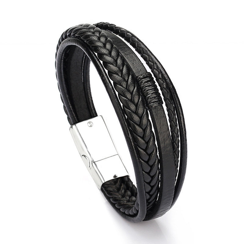 Trendy Genuine Leather Bracelets Men Stainless Steel Multilayer Braided Rope Bracelets for Male