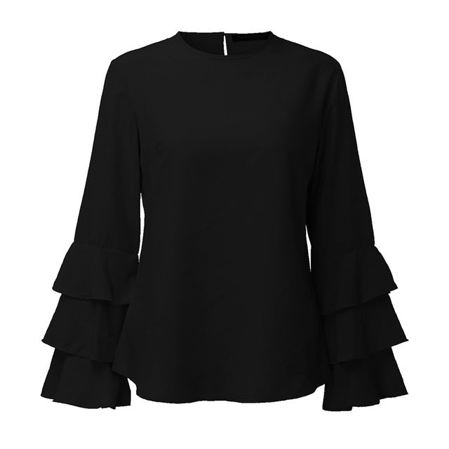 Women Blouses Shirts Autumn Shirts Elegant Ladies O-Neck Flounce Long