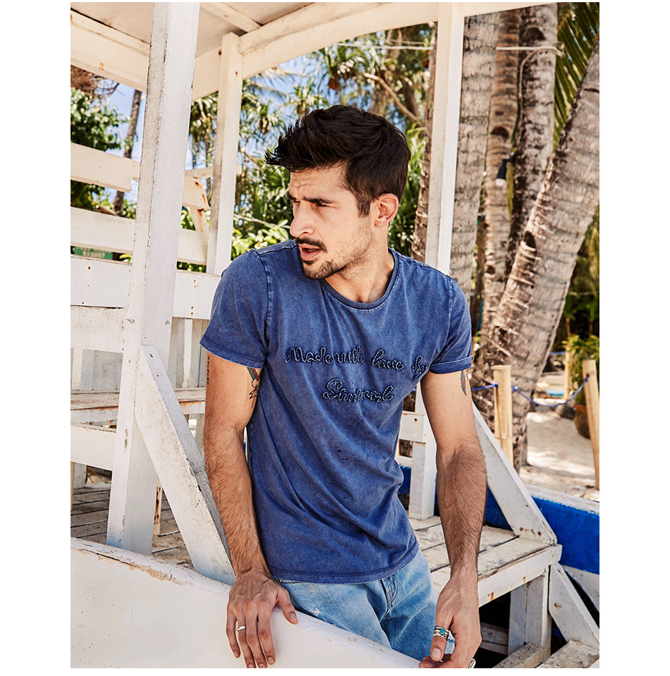SIMWOOD T Shirt Men 100% Pure Cotton Vintage Letter embroidered  Slim Fit Tops Brand Clothing TD1152