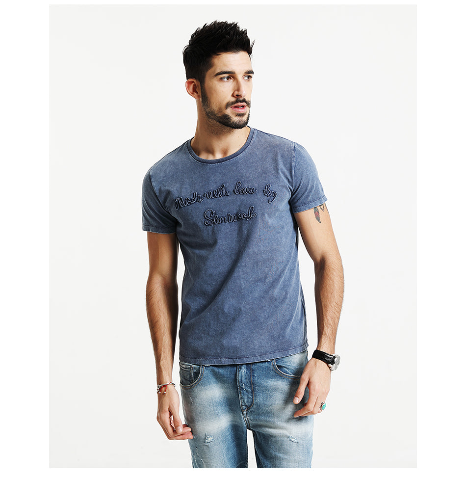 SIMWOOD T Shirt Men 100% Pure Cotton Vintage Letter embroidered  Slim Fit Tops Brand Clothing TD1152