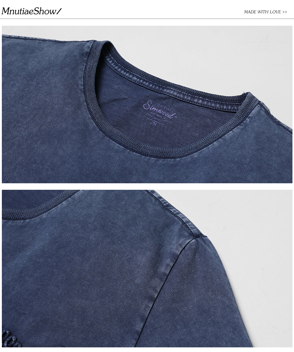 SIMWOOD T Shirt Men 100% Pure Cotton Vintage Letter embroidered  Slim Fit Tops Brand Clothing TD1152