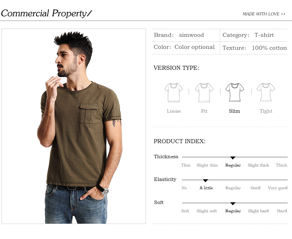 SIMWOOD T Shirts Men 100% Pure Cotton Pocket