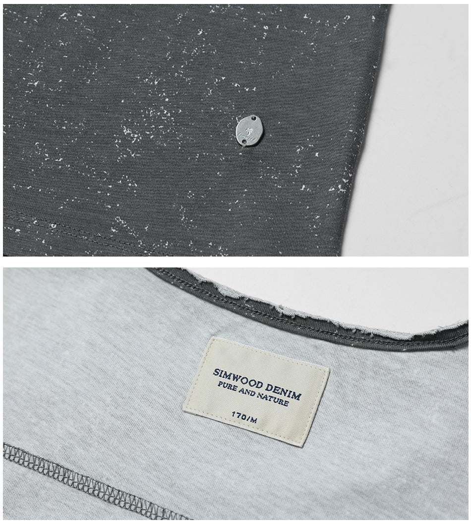 SIMWOOD T Shirt Men Print White dot Curl Hem Slim Fit Fashion 100% Pure Cotton
