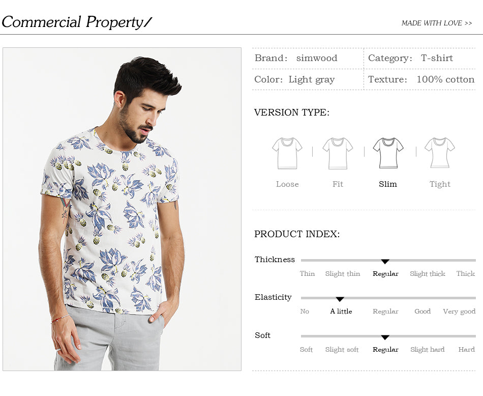 SIMWOOD T Shirt Men Floral Hawaiian 100% Pure Cotton