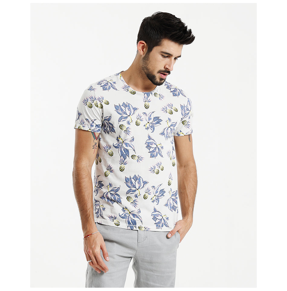 SIMWOOD T Shirt Men Floral Hawaiian 100% Pure Cotton