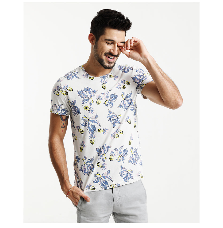SIMWOOD T Shirt Men Floral Hawaiian 100% Pure Cotton