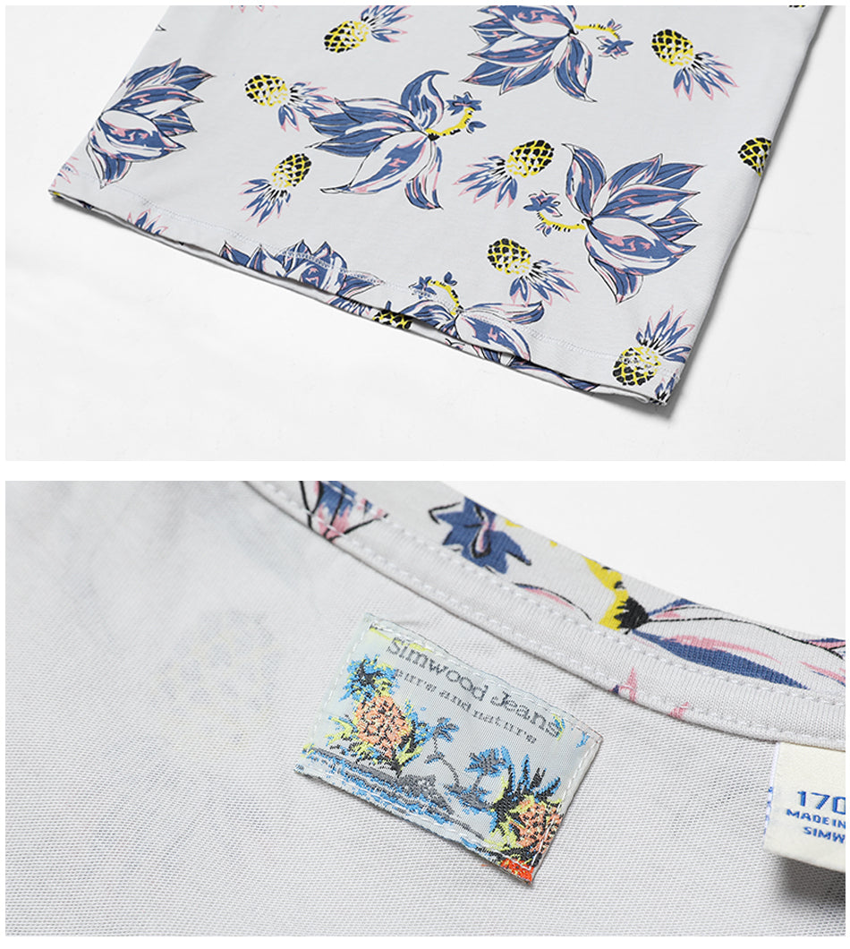SIMWOOD T Shirt Men Floral Hawaiian 100% Pure Cotton