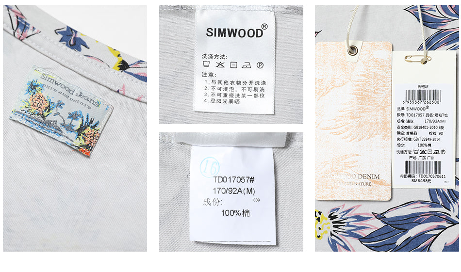 SIMWOOD T Shirt Men Floral Hawaiian 100% Pure Cotton