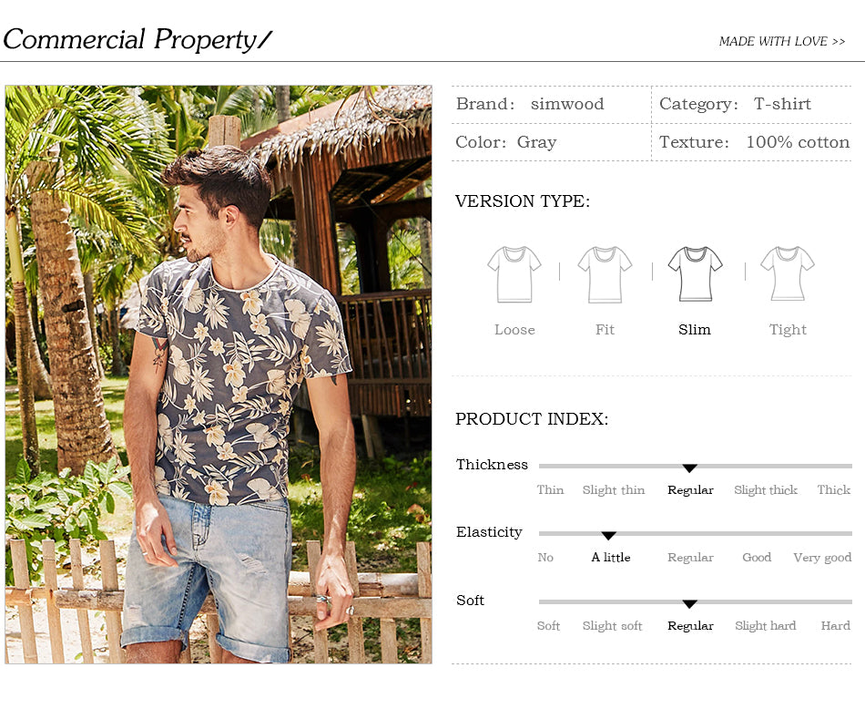 SIMWOOD T Shirt Men Slim Fit 100% Pure Cotton Print Floral Brand Clothing Plus Size