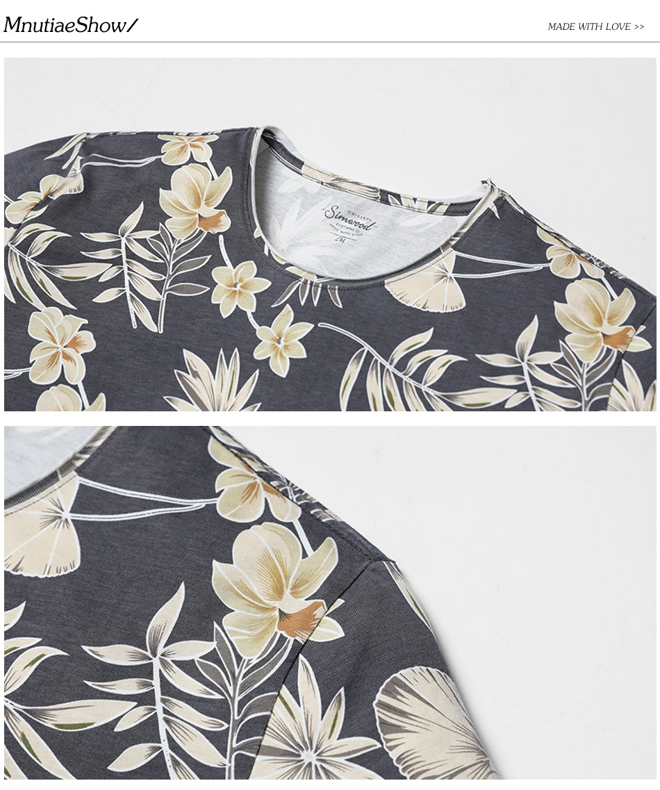 SIMWOOD T Shirt Men Slim Fit 100% Pure Cotton Print Floral Brand Clothing Plus Size