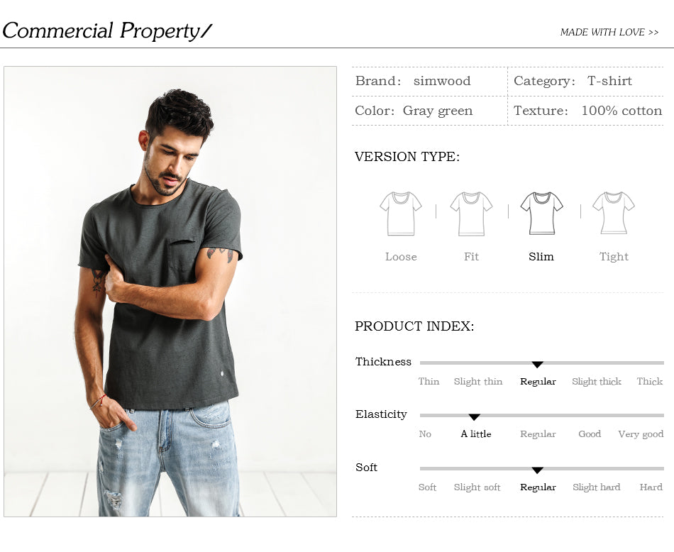 SIMWOOD T Shirts Men 100% Pure Cotton O-neck Brand Clothing Slim Fit Plus Size