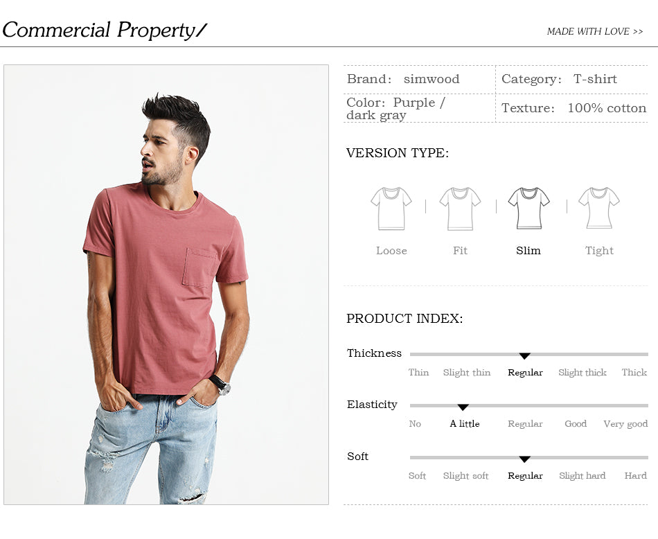SIMWOOD T-Shirts Me Slim Fit  T Shirt 100% Cotton Plus Size High Quality Brand Clothing