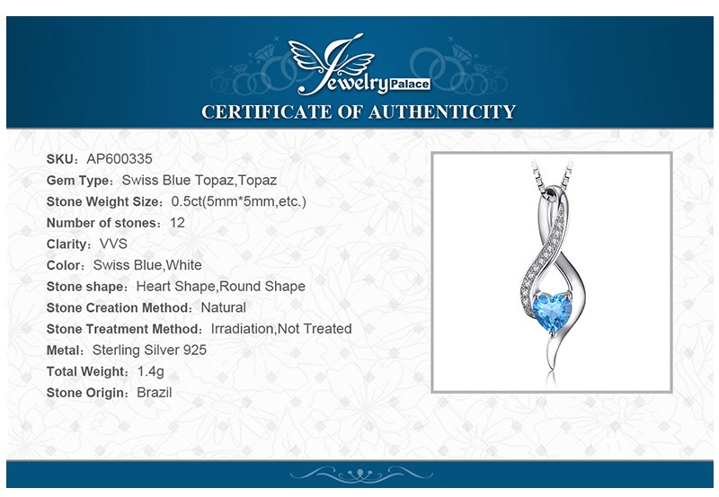 JewelryPalace Heart Love 0.6ct Genuine Swis Blue White Topaz Pendant 925 Sterling Silver Jewelry Not Include the Chain