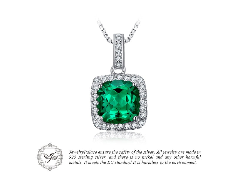 JewelryPalace Cushion 3.3ct Created Nano Russian Emerald Halo Pendant Solid 925 Sterling Silver 2016 Brand New No Chain