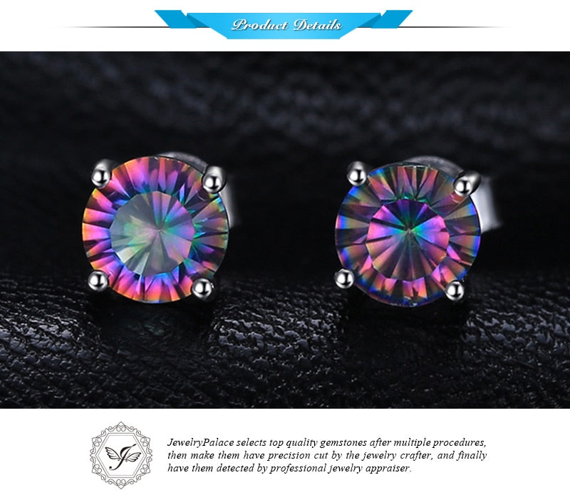 JewelryPalace Round 2ct Genuine Mystic Rainbow Mystical Topaz Earrings Stud Solid 925 Sterling Silver Fashion Fine Jewelry Women