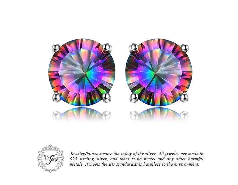 JewelryPalace Round 2ct Genuine Mystic Rainbow Mystical Topaz Earrings Stud Solid 925 Sterling Silver Fashion Fine Jewelry Women