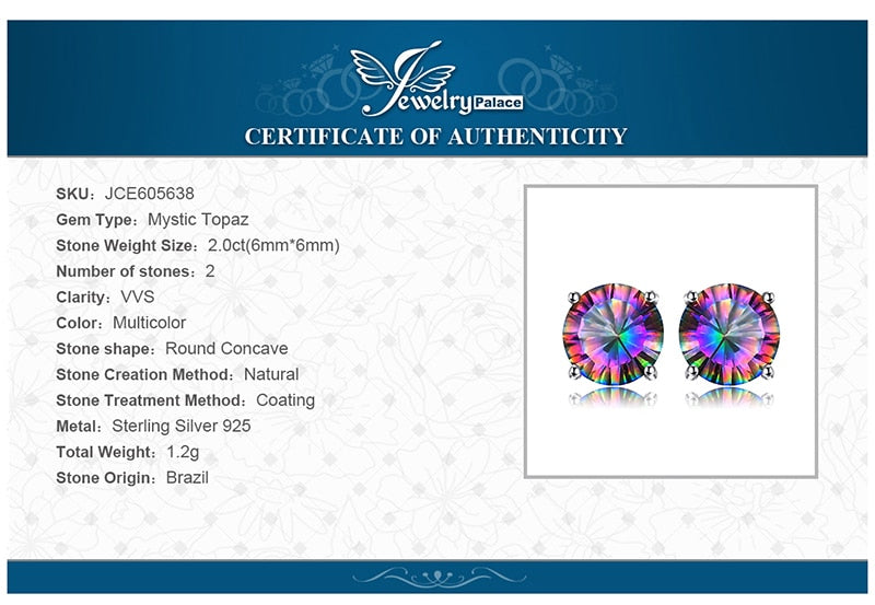 JewelryPalace Round 2ct Genuine Mystic Rainbow Mystical Topaz Earrings Stud Solid 925 Sterling Silver Fashion Fine Jewelry Women