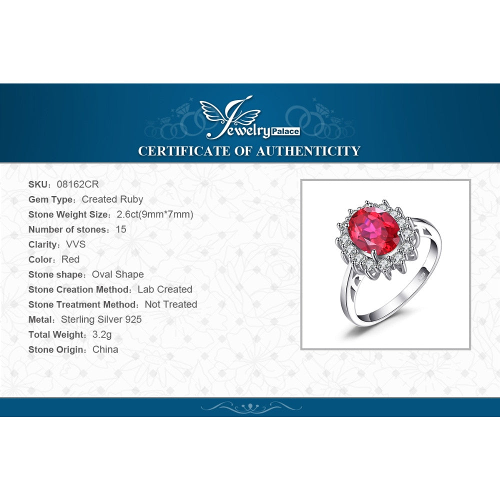 JewelryPalace Princess Diana William Kate Middleton's 3.2ct Created Red Ruby Engagement 925 Sterling Silver Ring For Women Gift