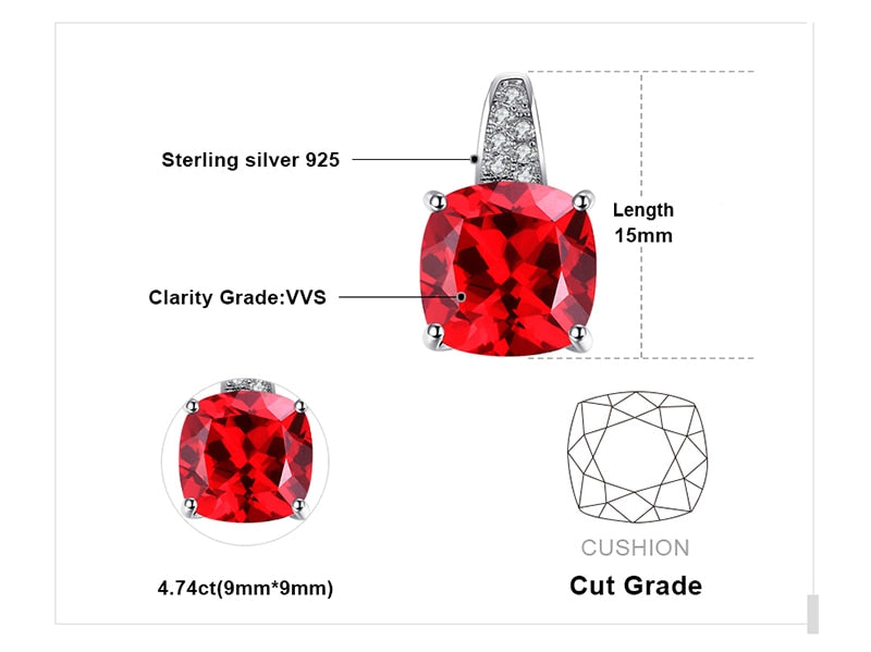 JewelryPalace Cushion 4.9ct Created Red Ruby 925 Sterling Silver Solitaire Pendant Women Engagement Wedding Jewelry No Chain