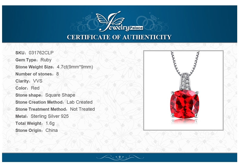 JewelryPalace Cushion 4.9ct Created Red Ruby 925 Sterling Silver Solitaire Pendant Women Engagement Wedding Jewelry No Chain