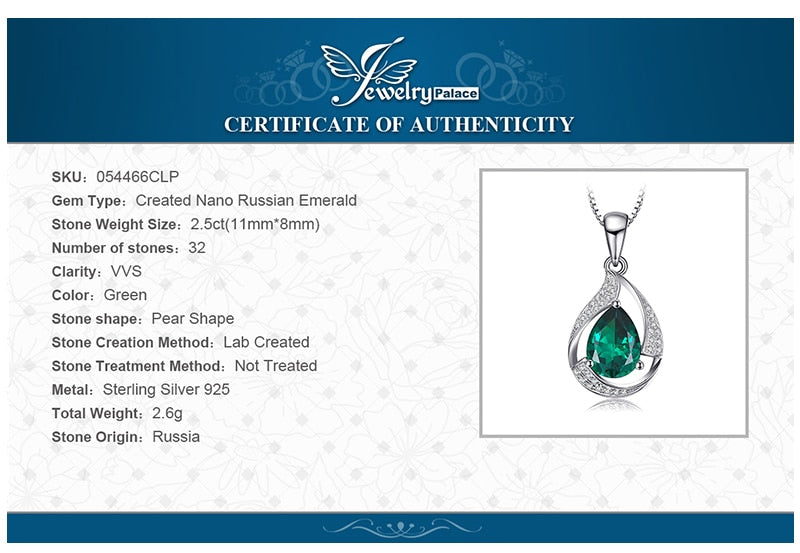 JewelryPalace Pear 2.7ct Created Green Nano Russian Emerald Pendant 925 Sterling Silver Wholesale Fashion Pendant No Chain