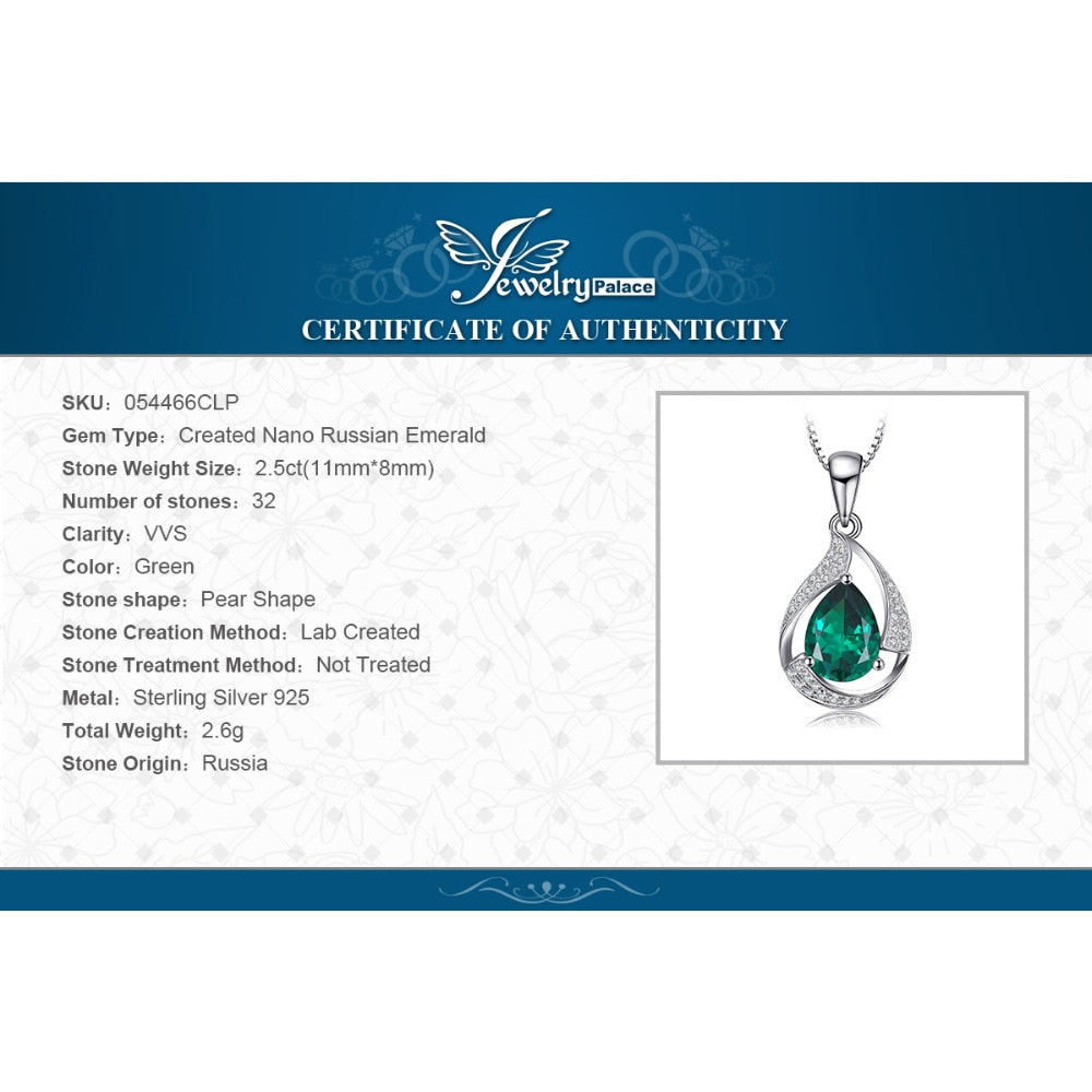 JewelryPalace Pear 2.7ct Created Green Nano Russian Emerald Pendant 925 Sterling Silver Wholesale Fashion Pendant No Chain