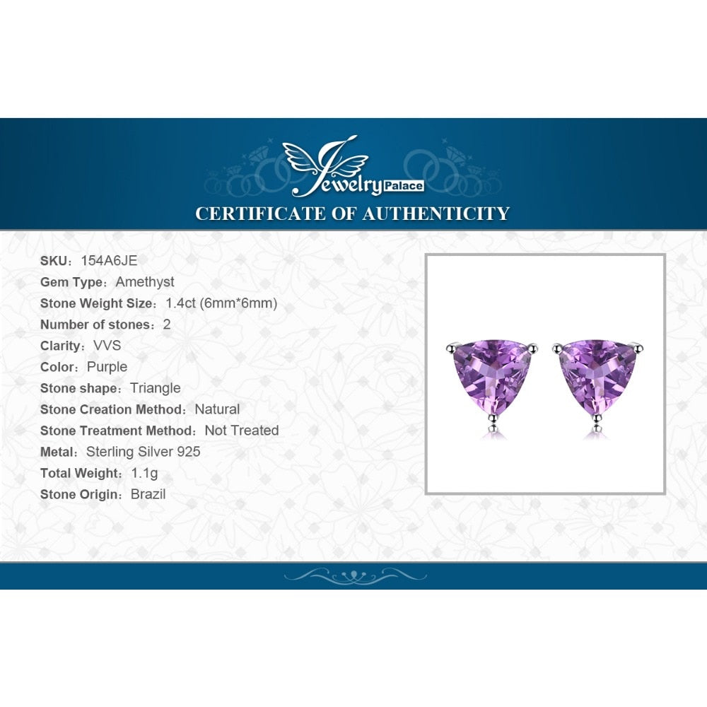 JewelryPalace Trillion 1.9ct Natural Purple Amethyst Birthstone Stud Earrings Solid 925 Sterling Silver Fine Jewelry For Women