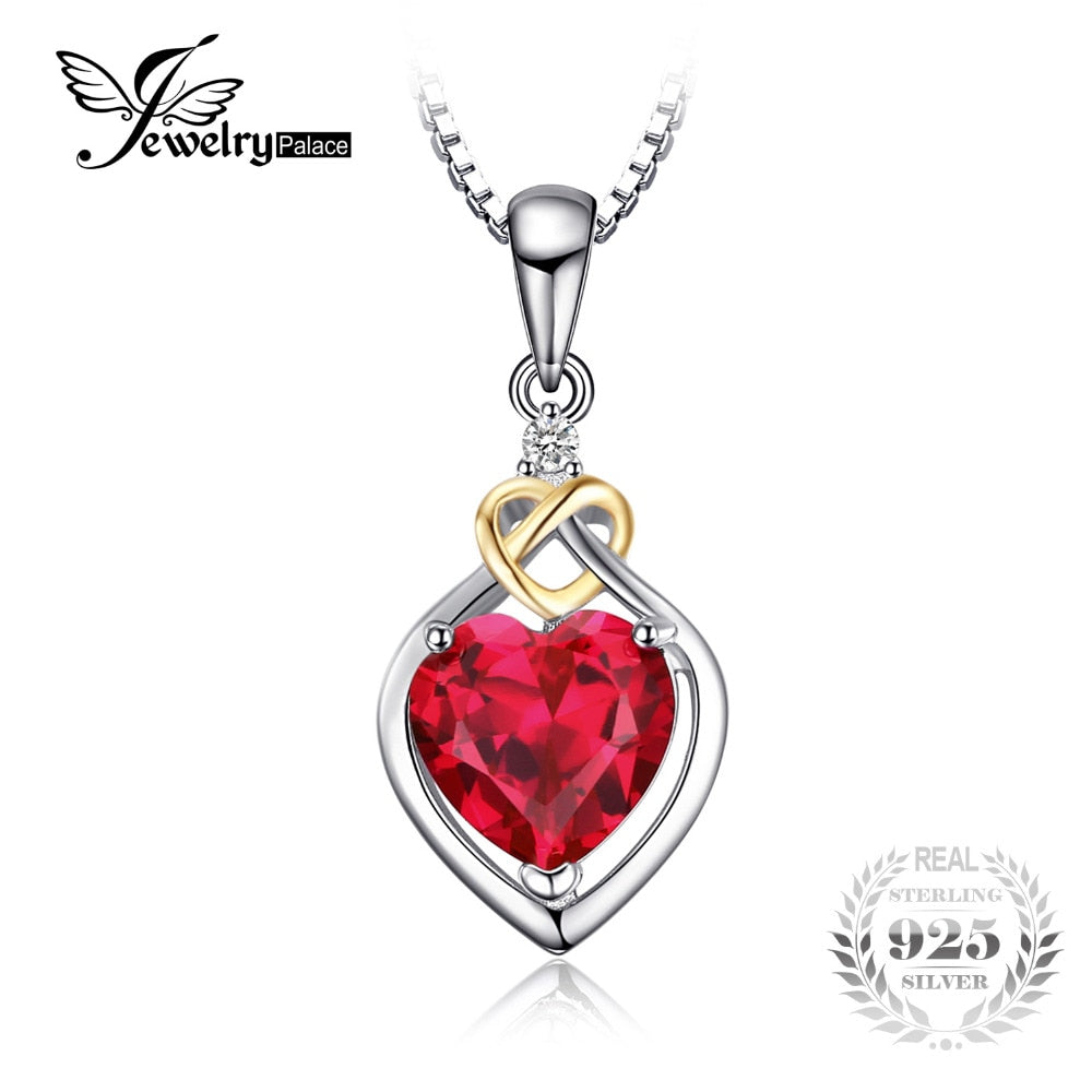 JewelryPalace Love Knot Heart 2.5ct Created Red Ruby Anniversary Pendant 925 Sterling Silver 18K Yellow Gold Without a Chain