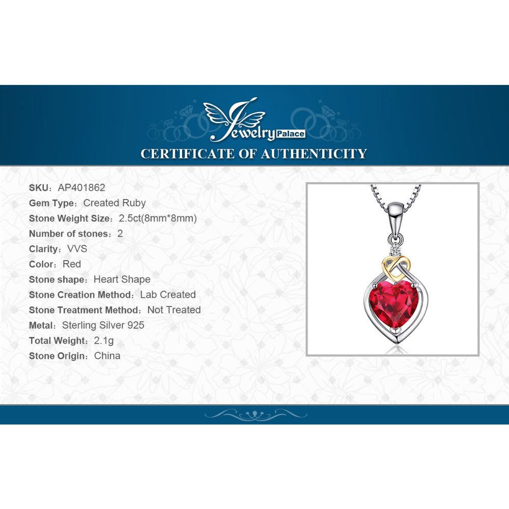 JewelryPalace Love Knot Heart 2.5ct Created Red Ruby Anniversary Pendant 925 Sterling Silver 18K Yellow Gold Without a Chain