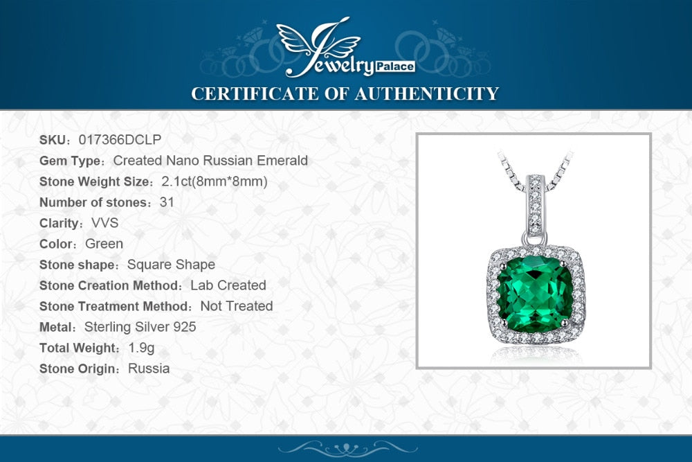 JewelryPalace Cushion 3.3ct Created Nano Russian Emerald Halo Pendant Solid 925 Sterling Silver 2016 Brand New No Chain