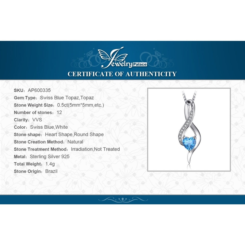 JewelryPalace Heart Love 0.6ct Genuine Swis Blue White Topaz Pendant 925 Sterling Silver Jewelry Not Include the Chain