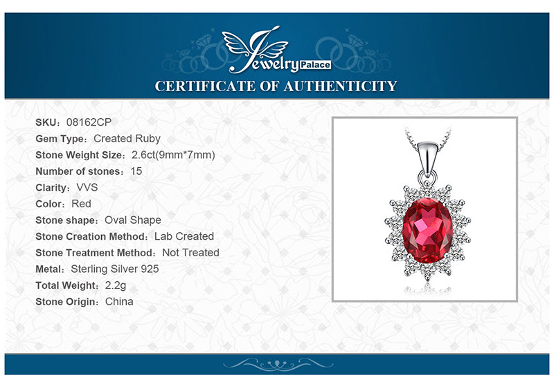 JewelryPalace 3.2ct Oval Red Ruby Pendant Genuine 925 Sterling Silver Charms Princess Diana William Engagement Pendant No Chain