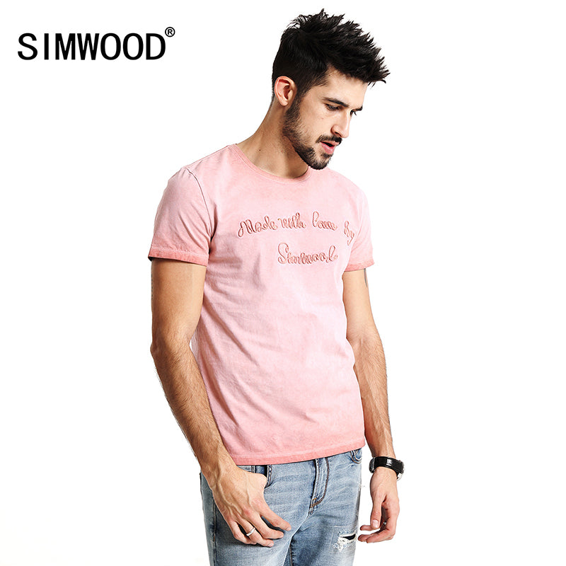 SIMWOOD T Shirt Men 100% Pure Cotton Vintage Letter embroidered  Slim Fit Tops Brand Clothing TD1152