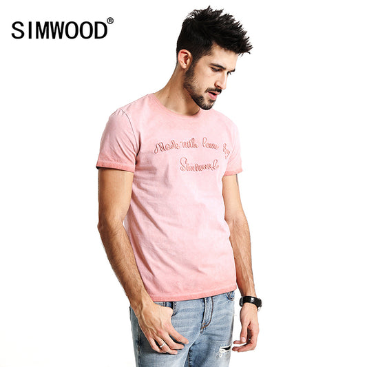 SIMWOOD T Shirt Men 100% Pure Cotton Vintage Letter embroidered  Slim Fit Tops Brand Clothing TD1152