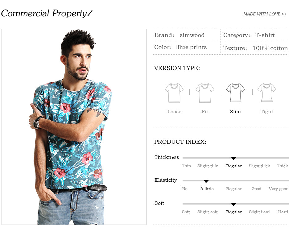 SIMWOOD Hawaiian  T Shirts Men 100% Pure Cotton Brand Clothing Print  Tees Plus Size