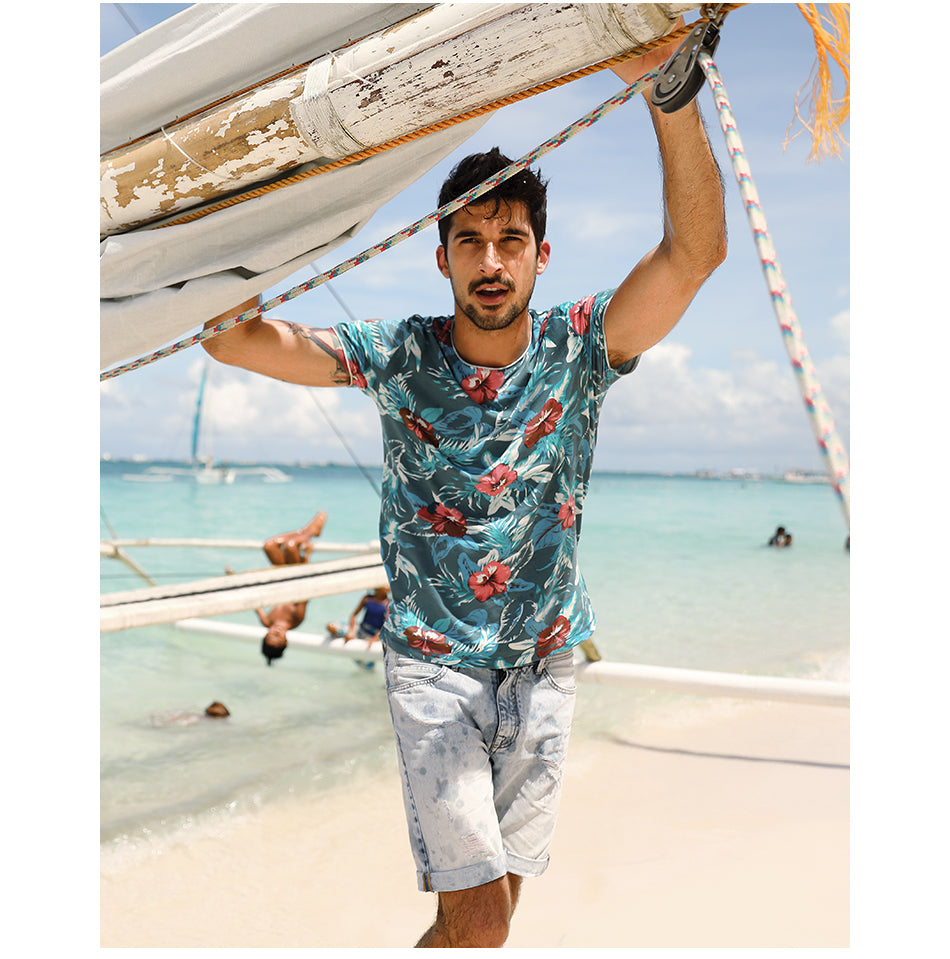 SIMWOOD Hawaiian  T Shirts Men 100% Pure Cotton Brand Clothing Print  Tees Plus Size